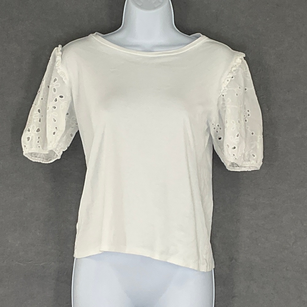 Ann Taylor White Eyelet Sleeve T-Shirt Top Womens Sz S Puff‎ Sleeve Career Boho